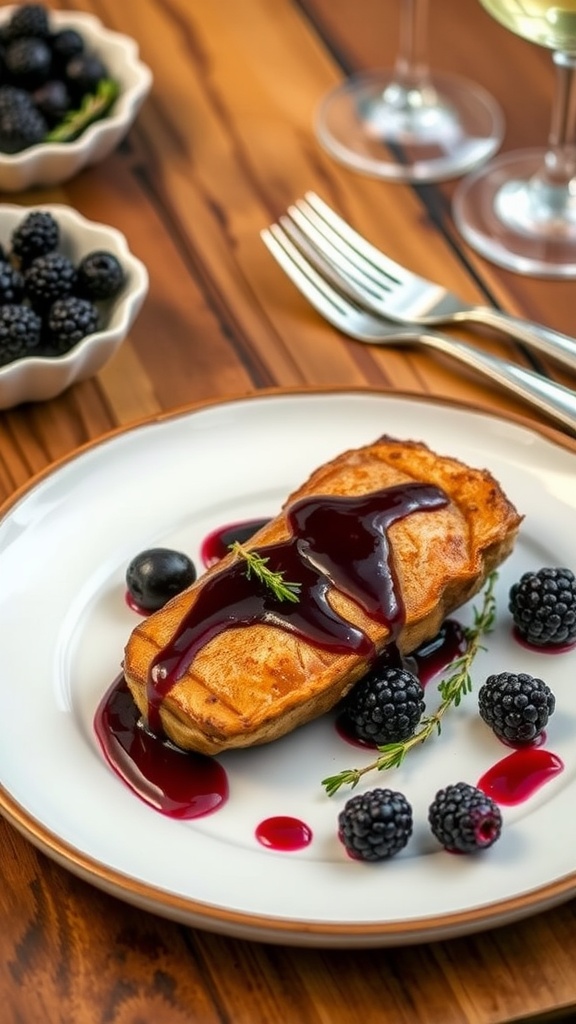 Pan-seared duck breast with crispy skin and blackberry reduction on a rustic wooden table.